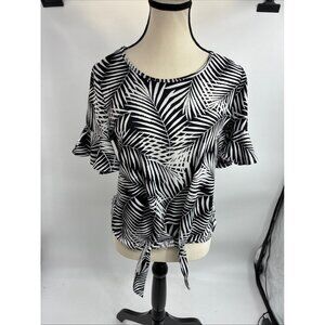 89TH + MADISON Women's Black White Palm Print Blouse M Ruffle Sleeve